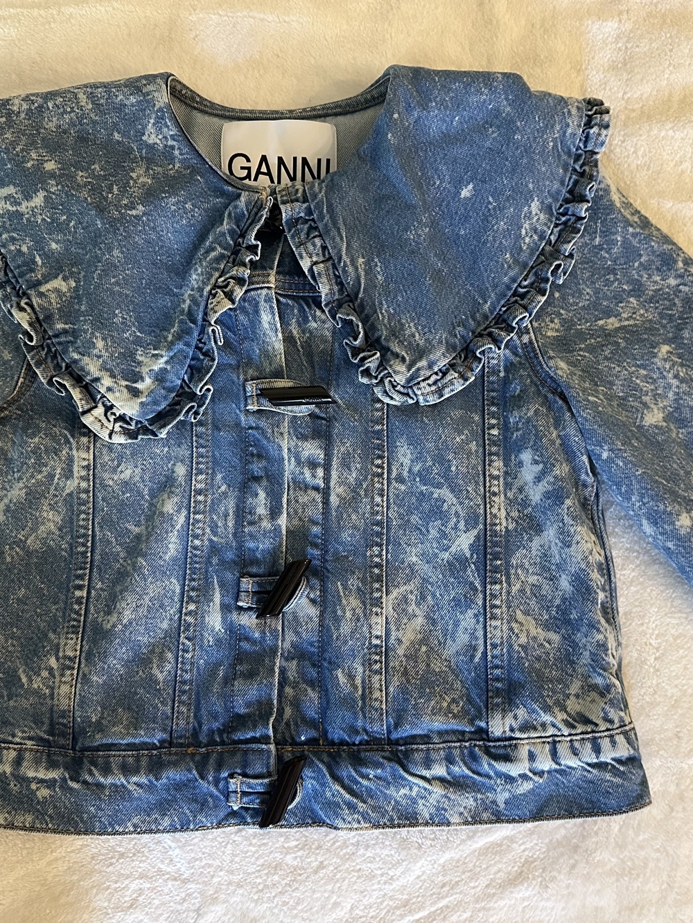 Ganni Washed Blue Denim Jacket with Ruffled Trim